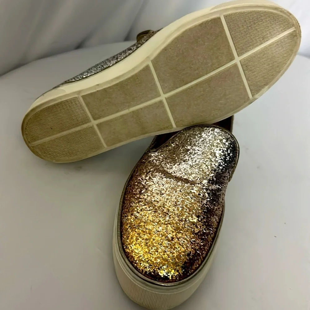 Stuart Weitzman Biarritz Glitter Slip-On Sneakers / Loafers Gold-Silver Sz 7.5